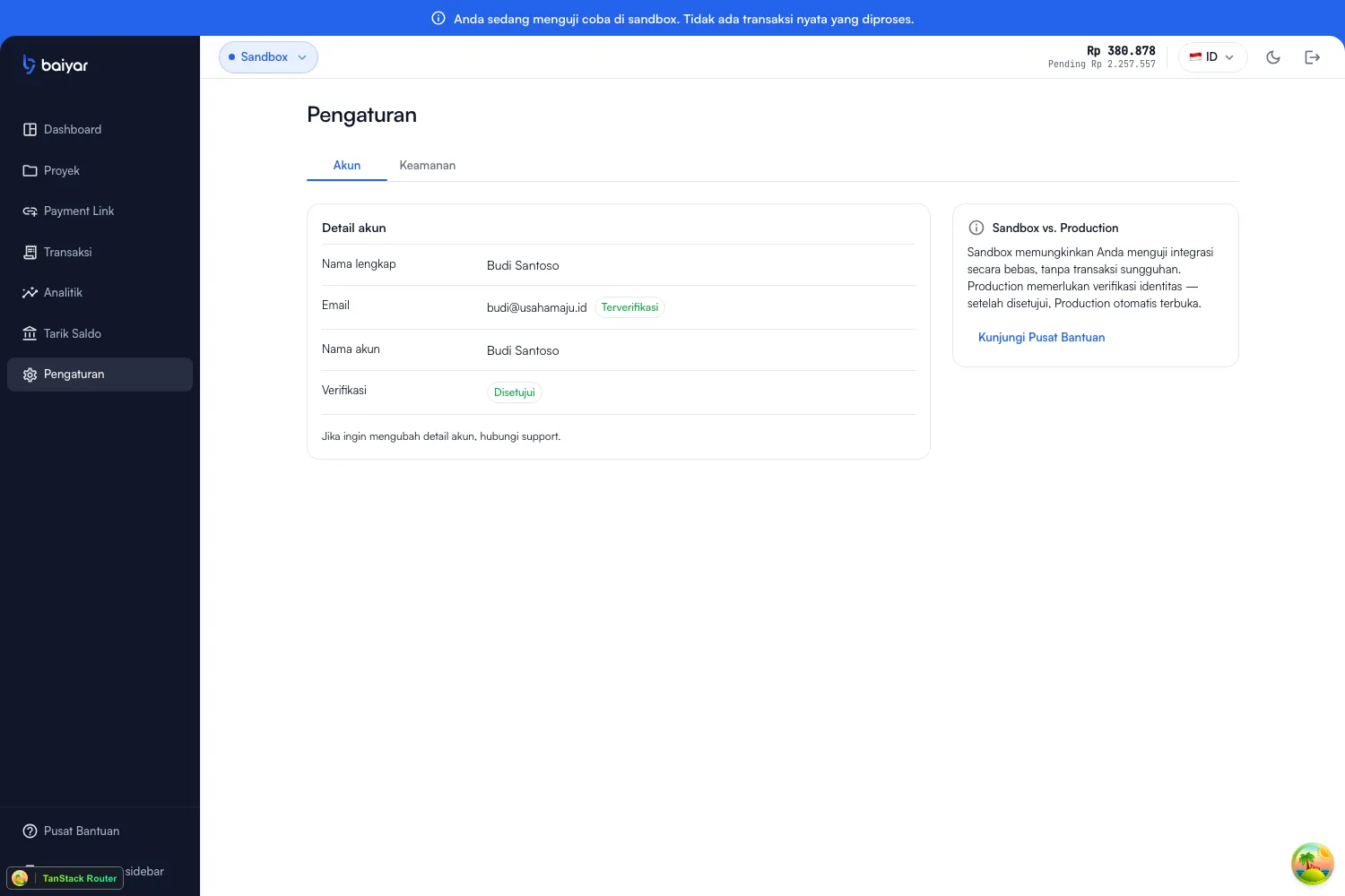 The Account tab in Settings, showing full name, email with a verified badge, account name, and KYC status, plus a note about Sandbox vs. Production