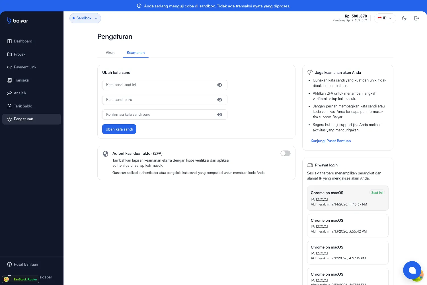 The Security tab in Settings, with a change password form, a 2FA toggle, security tips, and a login history list of sessions by device, IP, and last-active time