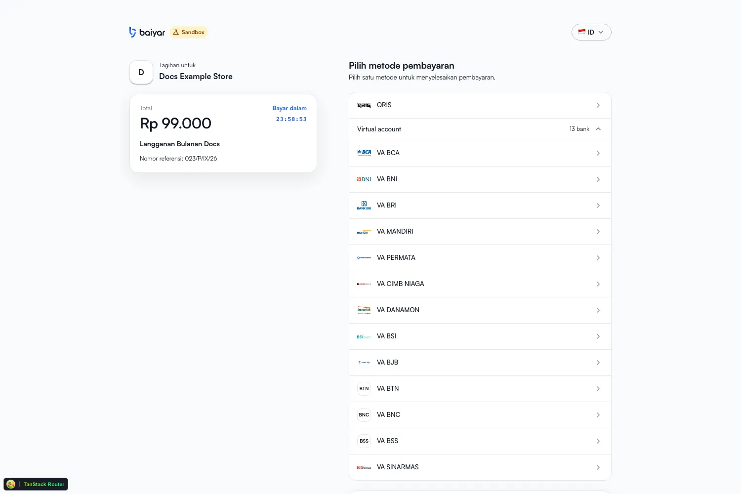 The customer-facing checkout page, showing the amount due, a countdown timer, and a list of payment methods to choose from: QRIS and 13 virtual account banks