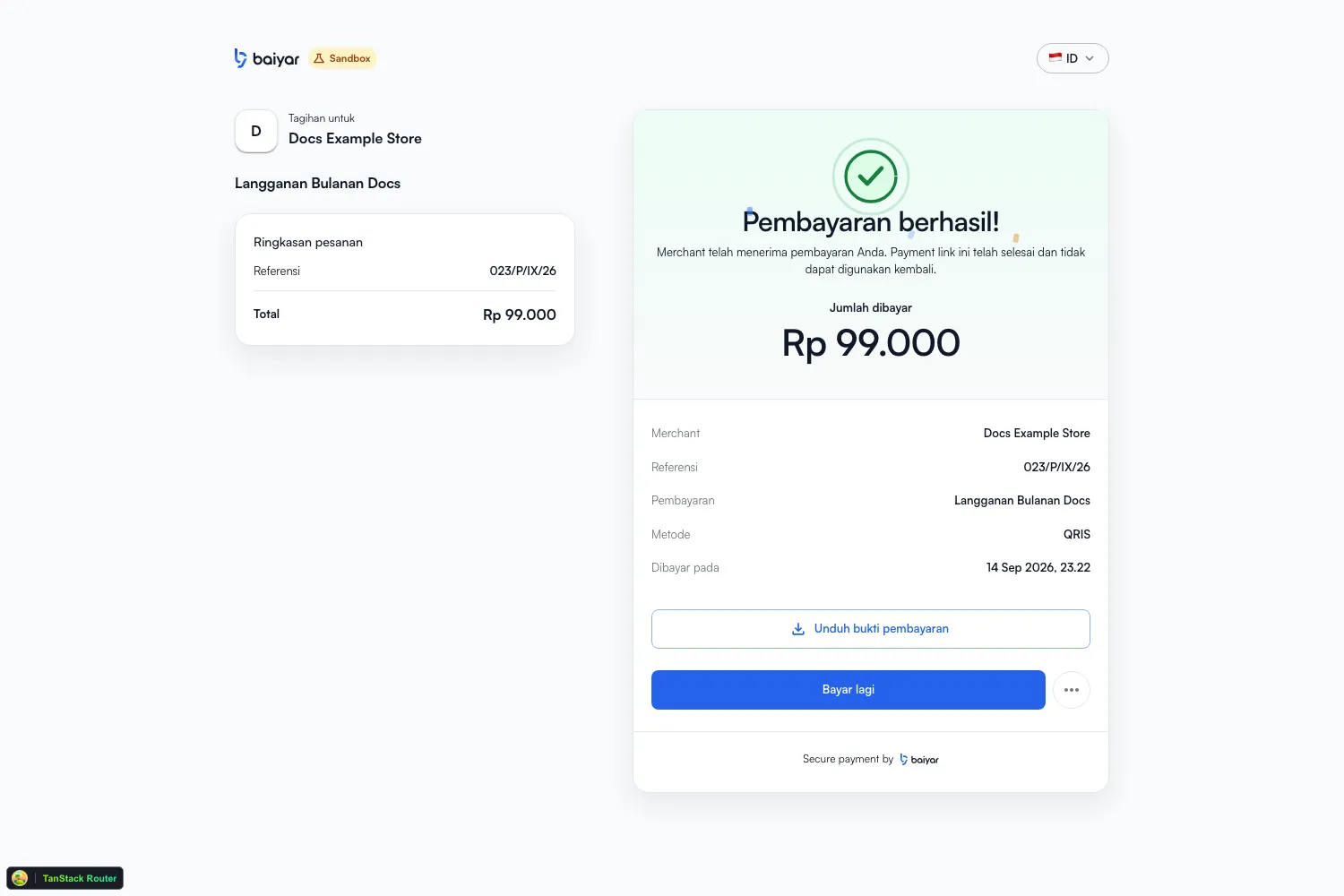 The payment success screen, showing a receipt with merchant name, reference, payment title, method, and paid-at time, plus buttons to download the receipt or pay again