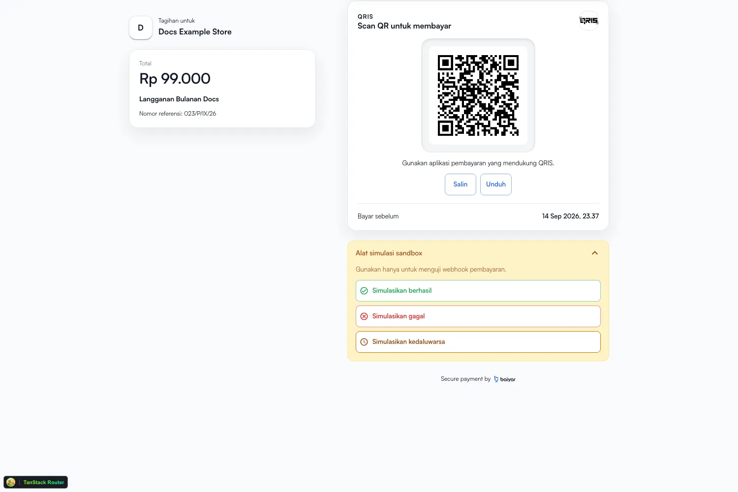 The QRIS payment screen, showing the QR code to scan and, in sandbox, simulation buttons to mark the payment as paid, failed, or expired