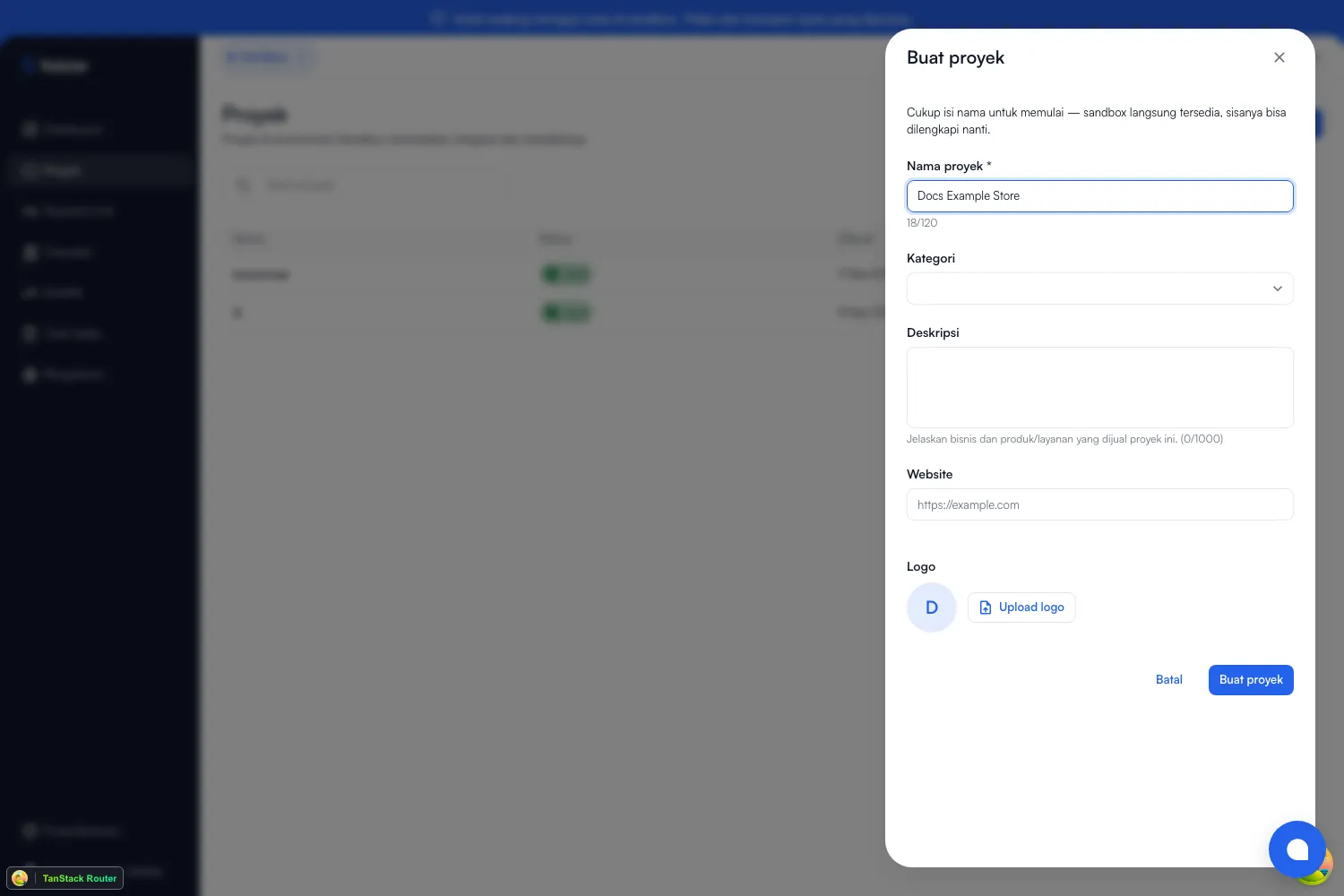 The Create project dialog, with fields for project name, category, description, website, and logo