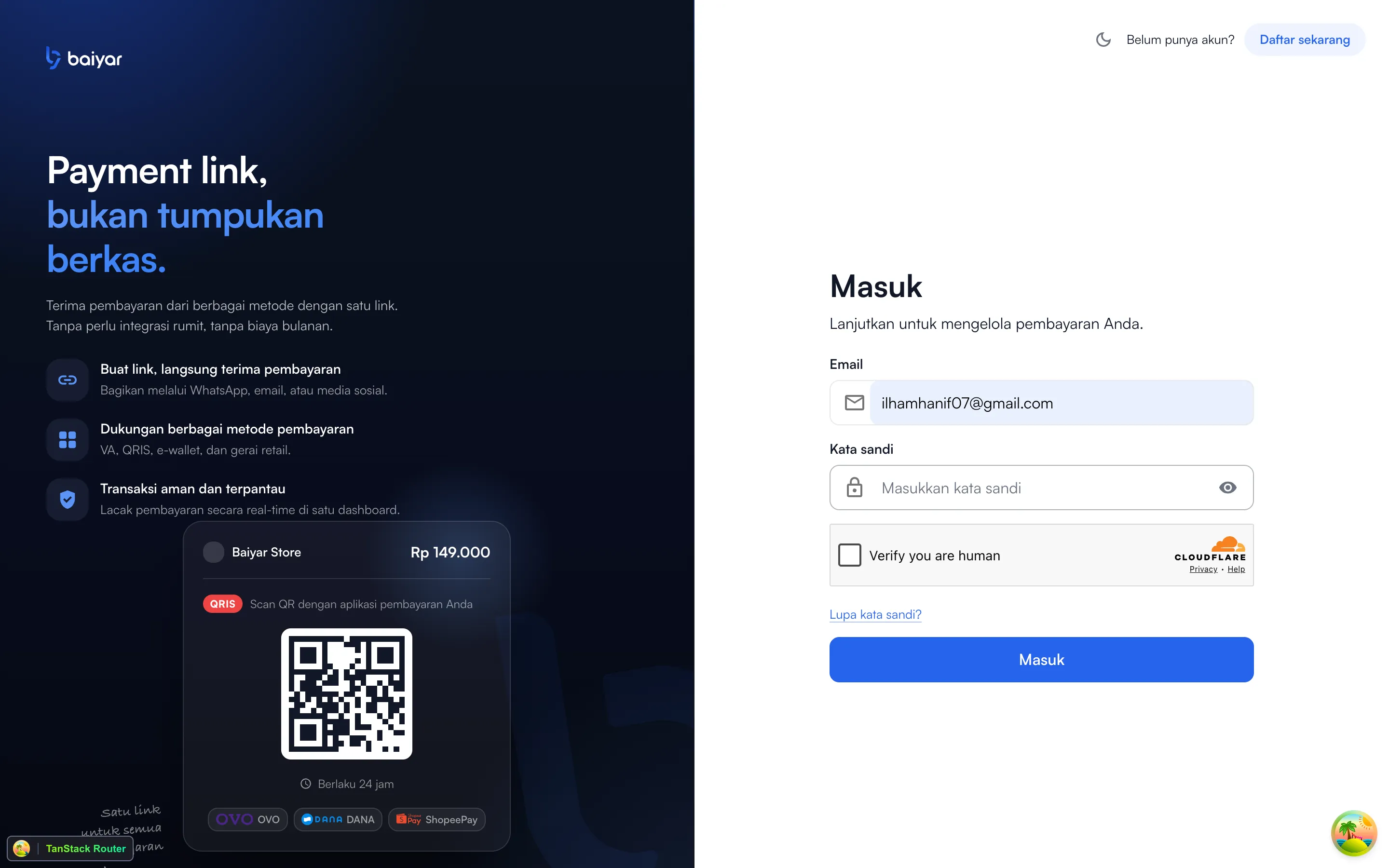 Baiyar's login page, with fields for email and password