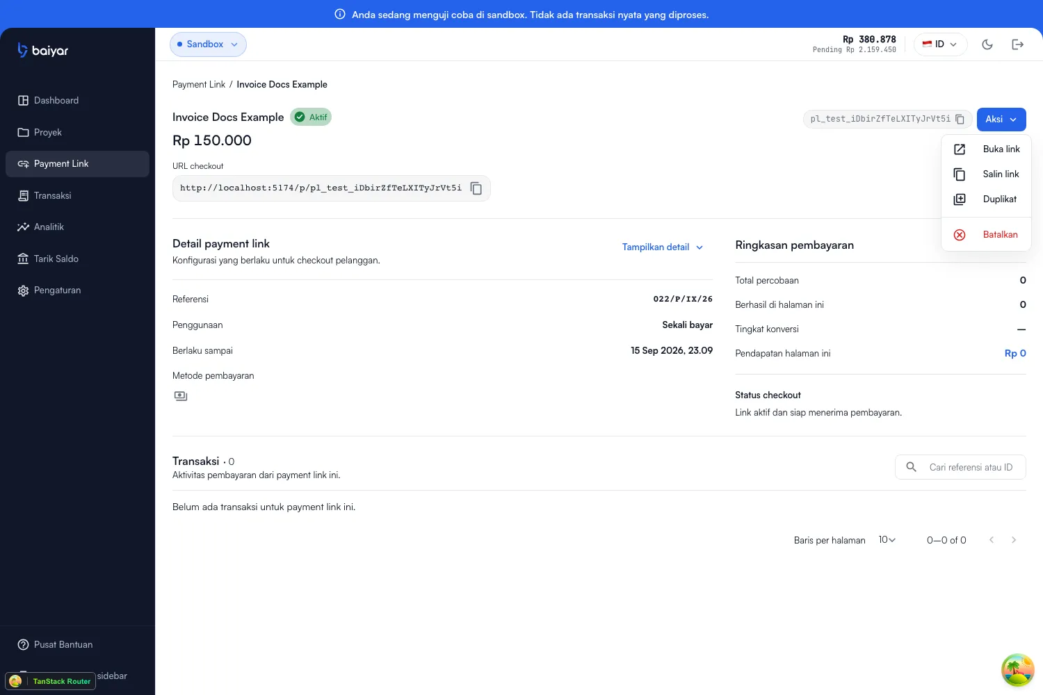 The Actions dropdown menu on a payment link's page, with Open link, Copy link, Duplicate, and Cancel options