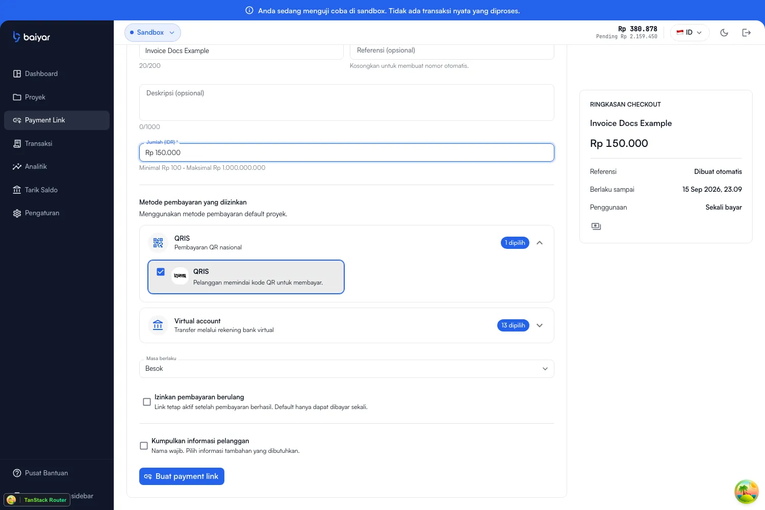 The bottom of the create payment link form, with expiration, allow multiple payments, and collect customer information fields