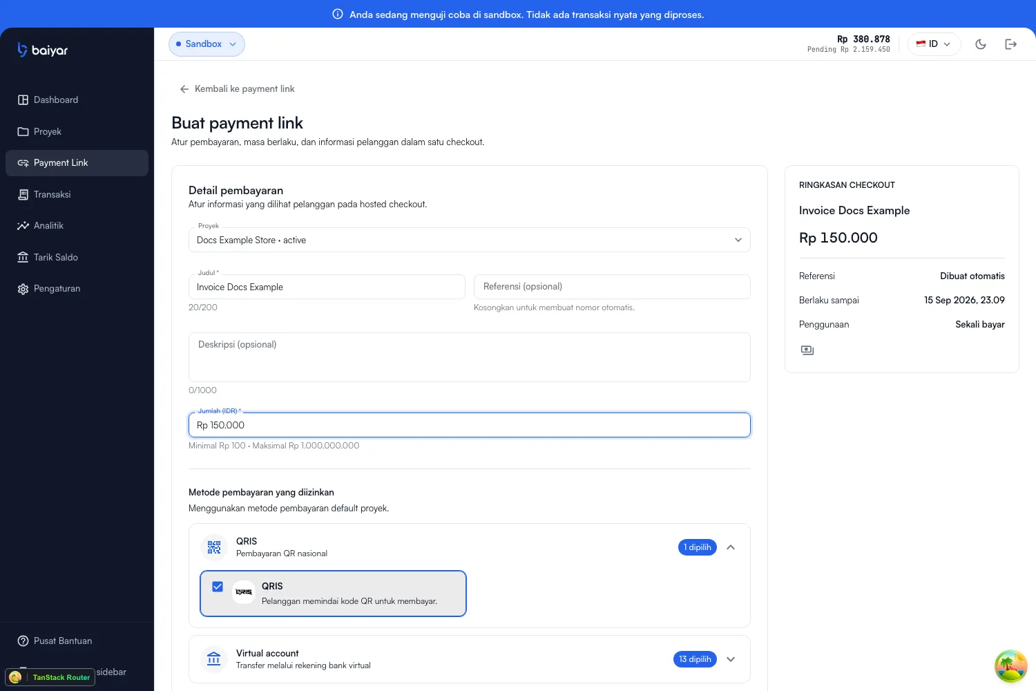 The top of the create payment link form, with project, title, reference, description, amount, and payment methods fields, and a live checkout summary on the right