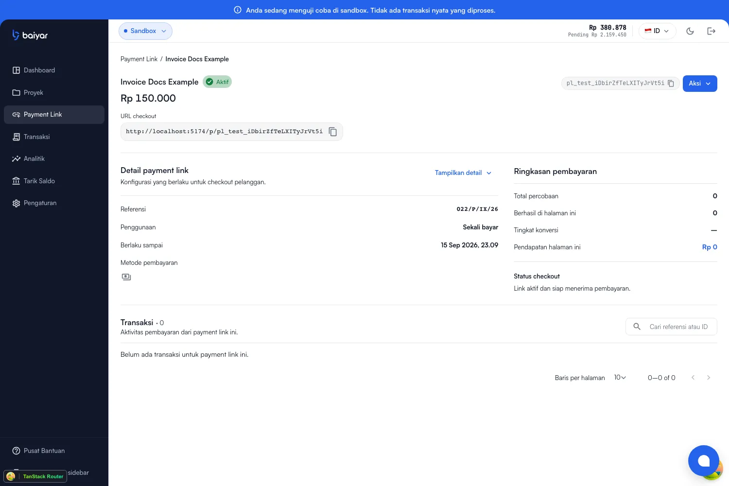 A payment link's detail page, showing its status, checkout URL, configuration, and per-link stats: total attempts, succeeded, conversion rate, and revenue