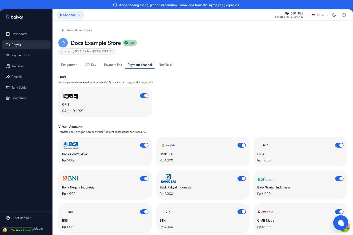 The Payment channels tab, listing QRIS and virtual account banks with their fees, each with an on/off toggle