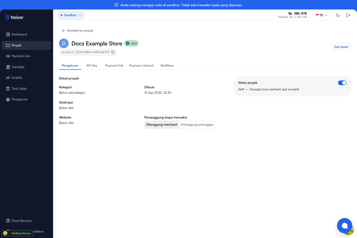 A project's Settings tab, showing category, description, website, transaction fee payer, and project status