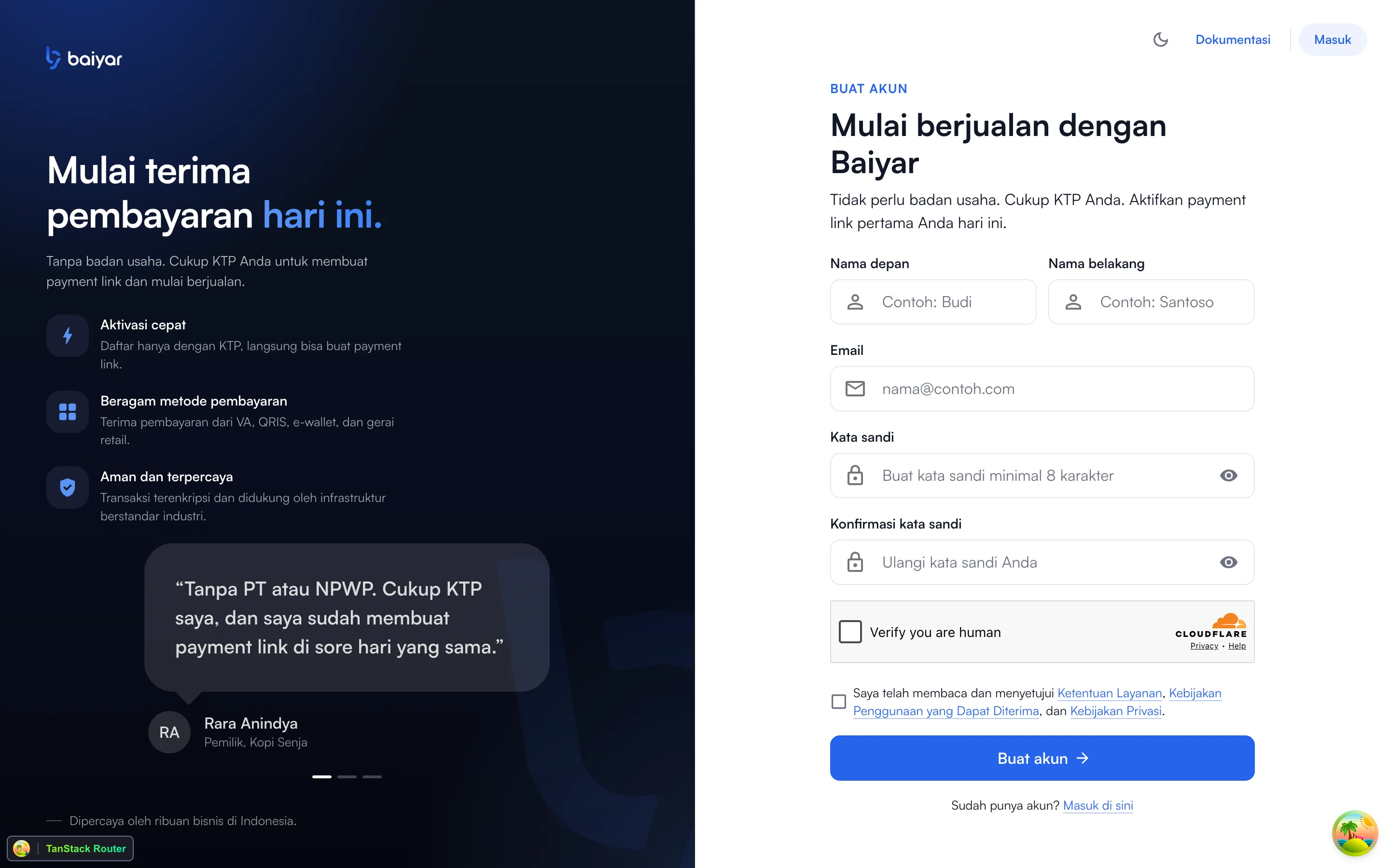Baiyar's sign-up page, with fields for first name, last name, email, password, and password confirmation