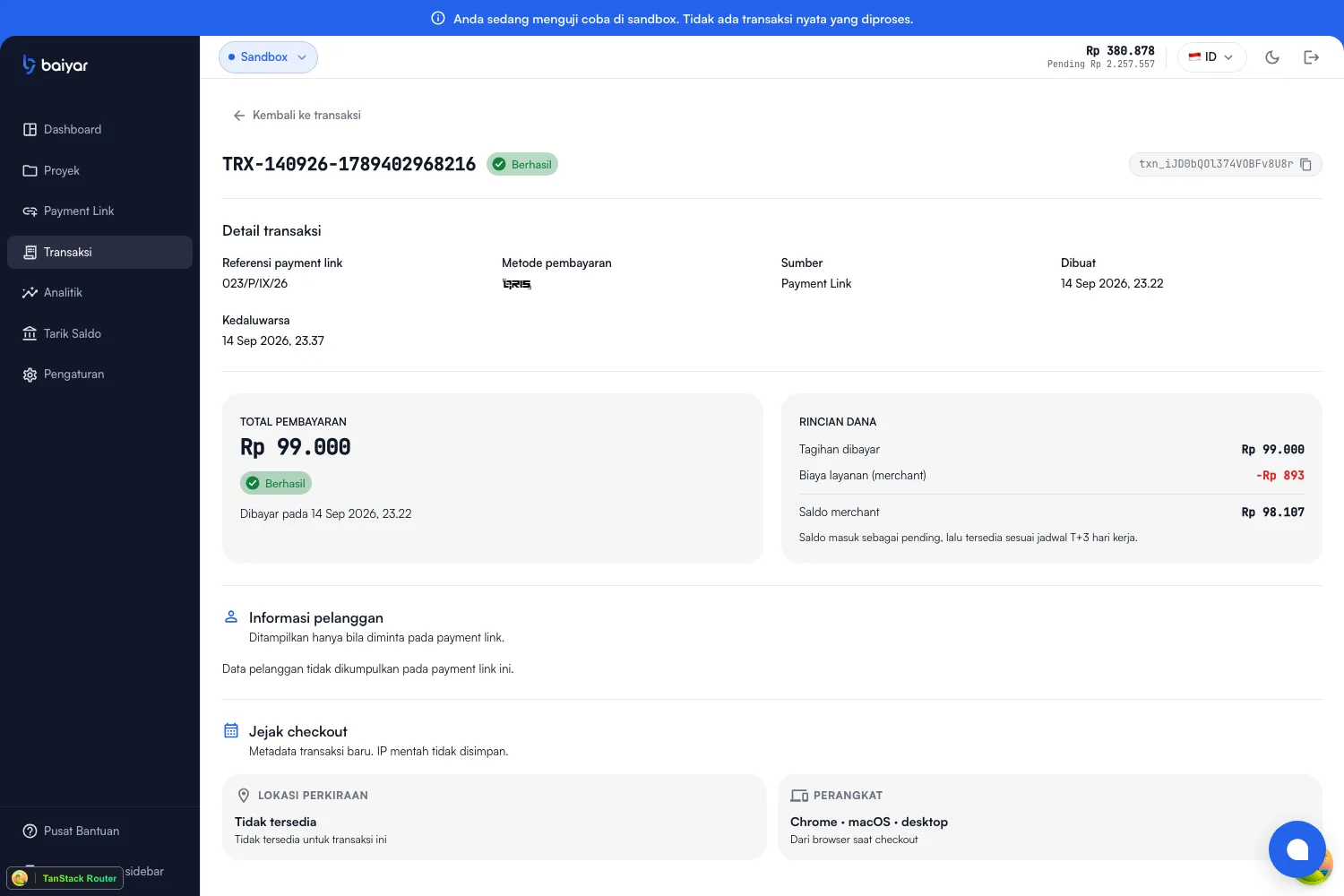 A transaction's detail page, showing its status, payment details, a fund breakdown with total paid, service fee, and merchant balance, and a checkout trail with approximate location and device