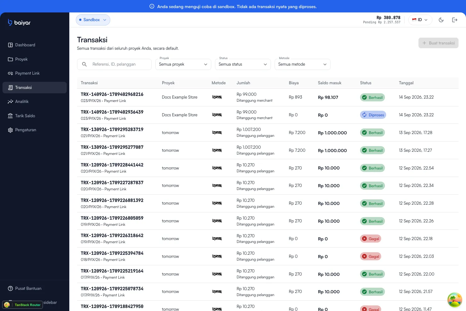 The Transactions list, with a search box, Project/Status/Method filters, a disabled Create transaction button, and a table of transaction rows