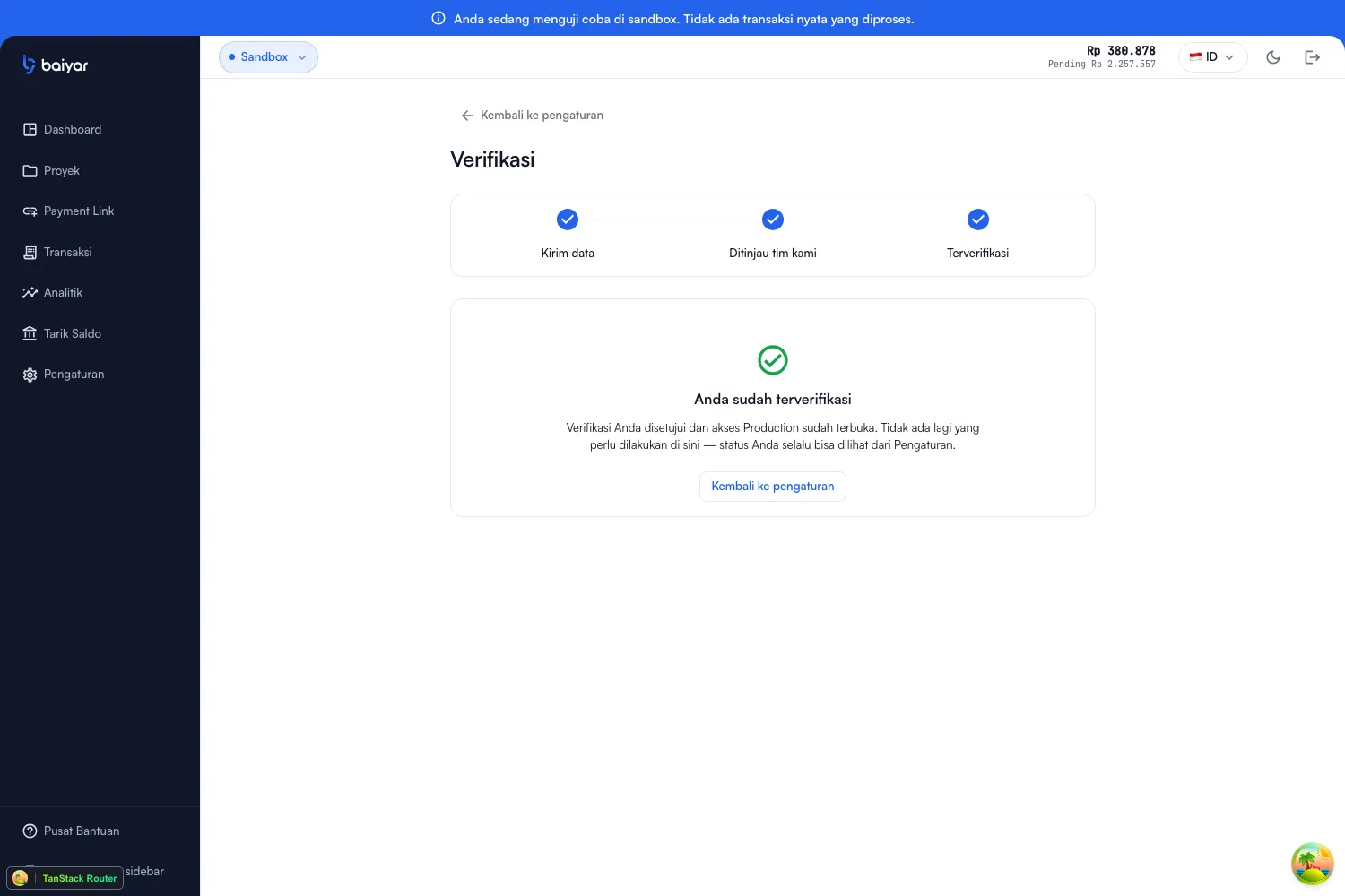 The Verification page once approved, showing all three steps complete and a confirmation that production access is unlocked