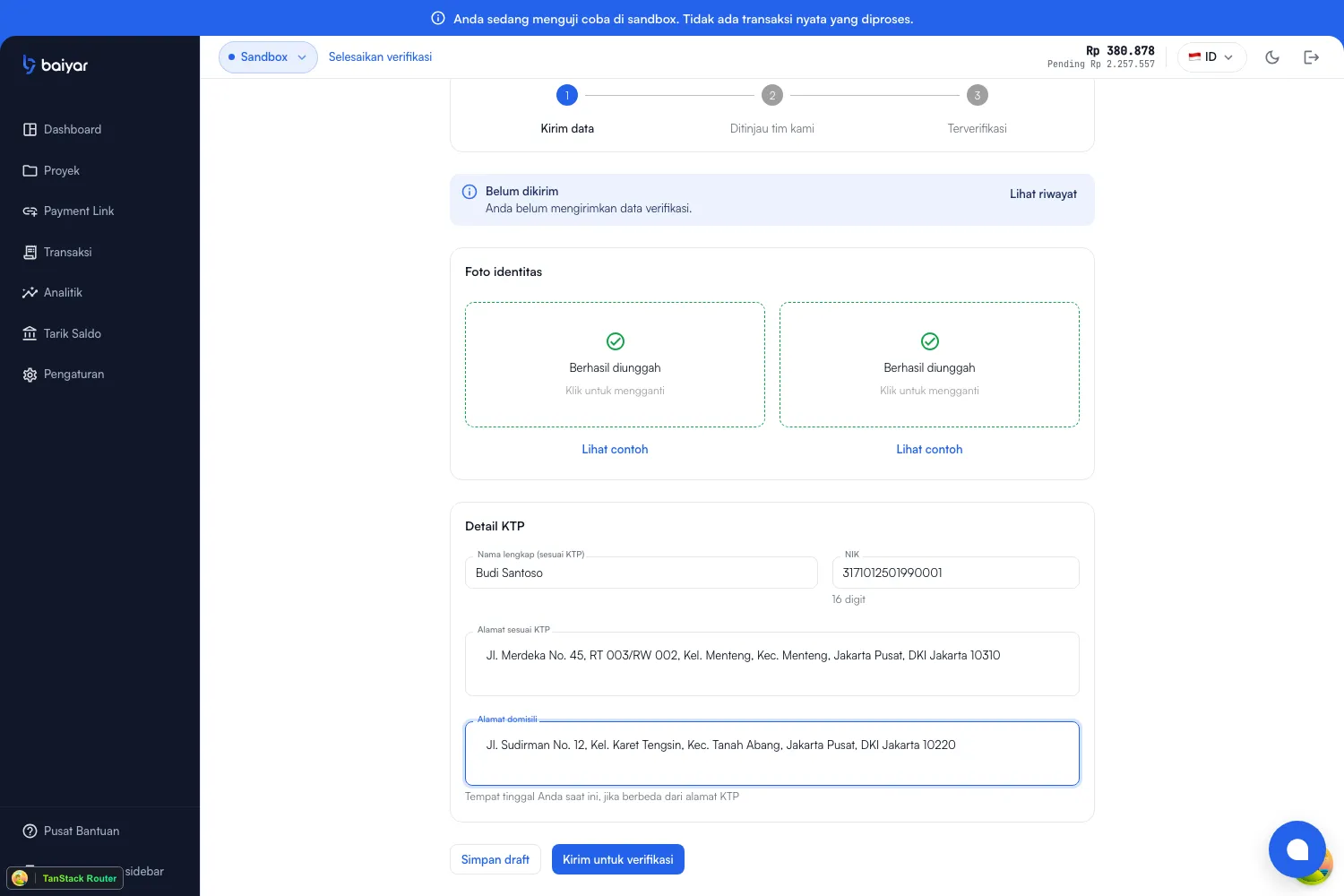 The Verification form filled in: both identity photos uploaded, and the full name, NIK, KTP address, and domicile address fields completed, with Save draft and Submit for verification buttons at the bottom