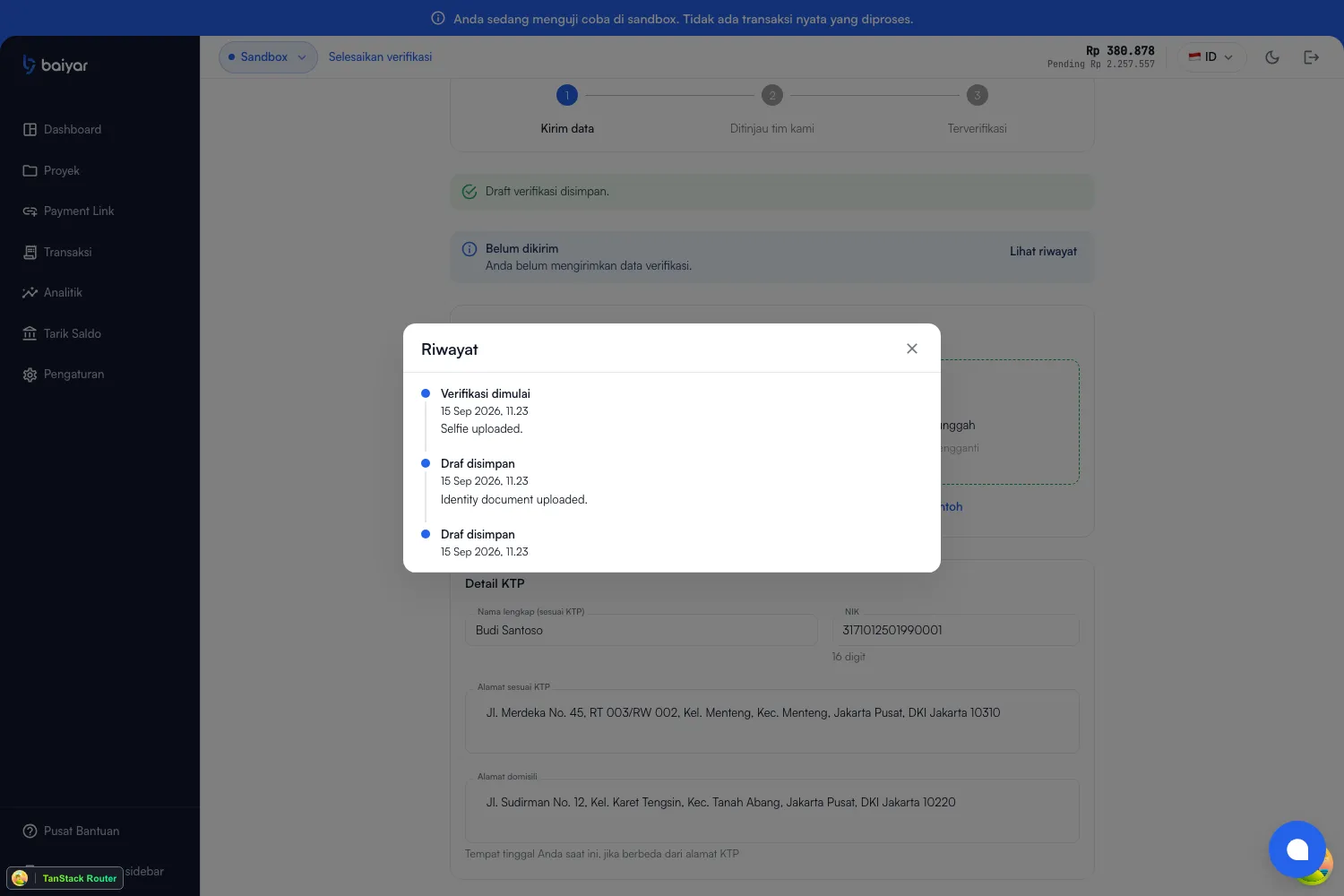 The verification History dialog, showing a timestamped timeline: Verification started (Selfie uploaded), Draft saved (Identity document uploaded), and another Draft saved entry