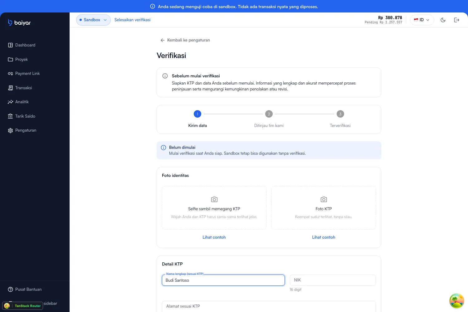 The Verification page before starting: the three-step tracker (Submit information, Reviewed by our team, Verified) all unstarted, a Before you start note, and the empty identity photos and KTP details sections