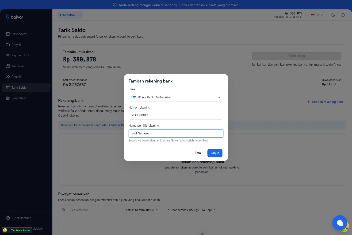 The Add bank account dialog, with fields for bank, account number, and account holder name