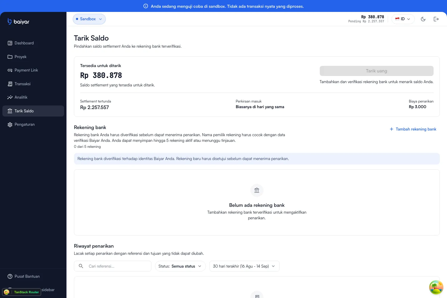 The Withdraw page: available balance, pending settlement, withdrawal fee, a bank accounts section, and withdrawal history
